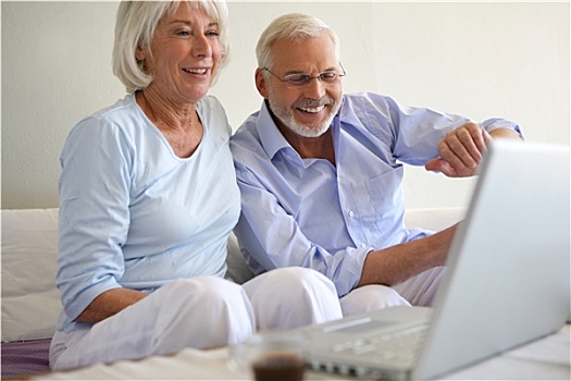 老年,夫妻,微笑,正面,笔记本电脑,网络摄像头
