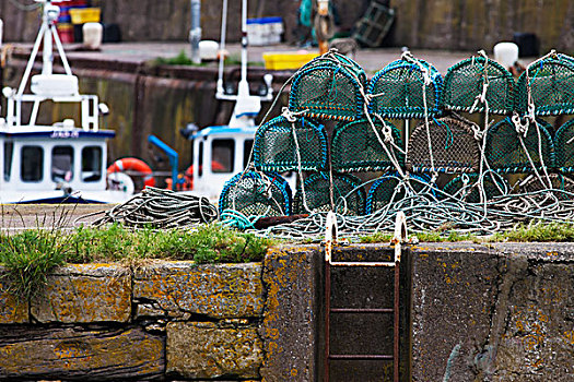 螃蟹,陷阱,堆积,岸边,港口,苏格兰边境,苏格兰