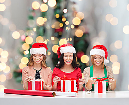 圣诞节,休假,庆贺,装饰,人,概念,微笑,女人,圣诞老人,帽子,纸,礼盒,上方,树,背景