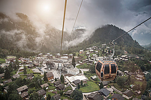 俯拍,乡村,缆车,瓦莱,瑞士