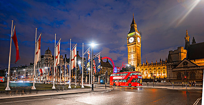 巴士,威斯敏斯特桥,威斯敏斯特宫,议会大厦,反射,大本钟,威斯敏斯特,伦敦,英格兰,英国,欧洲