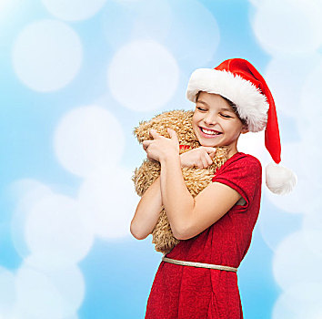 休假,礼物,圣诞节,孩子,人,概念,微笑,女孩,圣诞老人,帽子,泰迪熊,上方,蓝色,背景