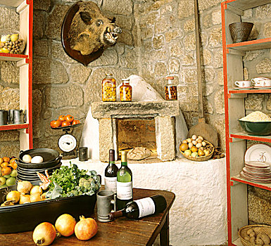 厨房,石头,烤炉,架子,迎面,墙壁