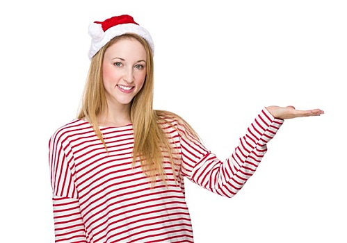 女人,圣诞帽,手,展示,空白标志