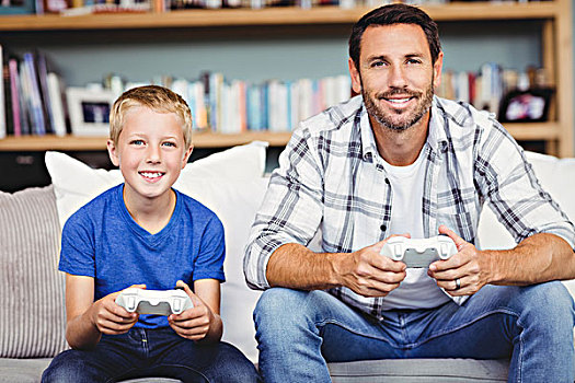 头像,微笑,父子,玩,电子游戏,在家