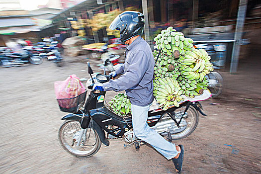 柬埔寨,收获,市场一景,男人,摩托车,香蕉