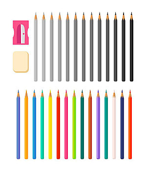 文具,插画,象征,多样,铅笔,隔绝,矢量,彩笔,竖图,白色,长方形,橡皮,塑料制品,铅笔刀
