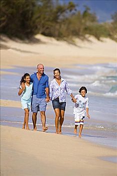 夏威夷,毛伊岛,海滩,家庭,四个,走,牵手