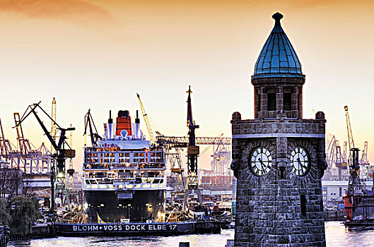 塔,码头,游轮,玛丽女王二世号,干船坞,船厂,背影,汉堡市,德国,欧洲