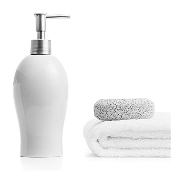 肥皂,瓶子,浮石,白色背景