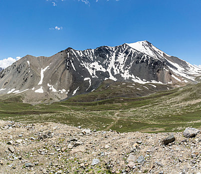 中国新疆夏季蓝天白云下g217独库公路沿途雪山草地