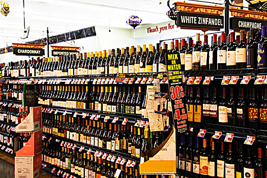 超市中摆列整齐的葡萄酒