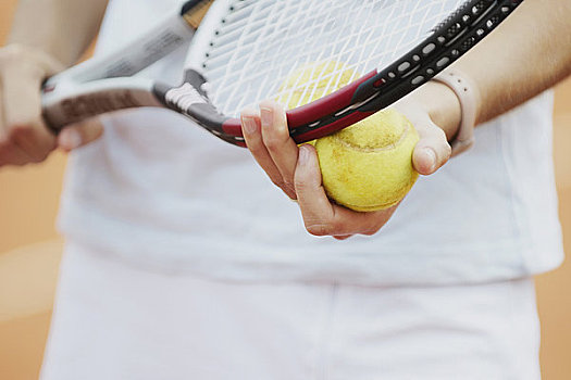 腰部,女性,网球手,拿着,网球拍,网球
