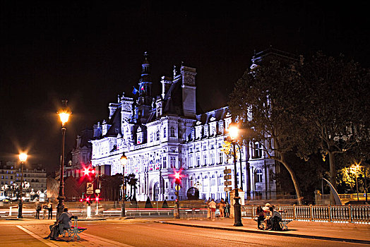 法国,巴黎,夜晚,市政厅