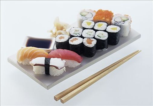 种类,寿司,白色背景,大浅盘