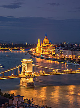 议会,链索桥,多瑙河,夜晚,匈牙利,布达佩斯