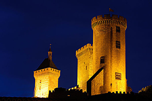 城堡,佛克斯城堡,黄昏,阿里热,法国,欧洲