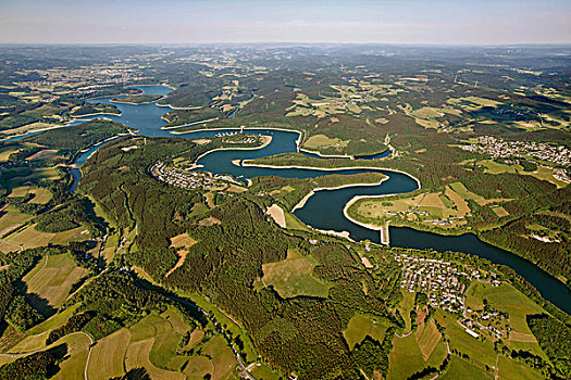 航拍,水库,坝,地区,藻厄兰,北莱茵威斯特伐利亚,德国,欧洲