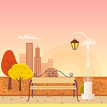秋天,城市公园,全景,矢量,插画,长椅,站立,路灯,正面,金色,黄色,树,背景,模糊,城市