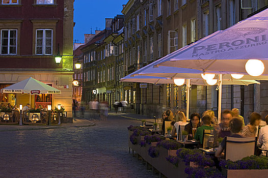人行道,酒吧,餐馆,夜晚,老城,华沙,波兰