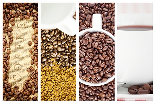 合成效果,图像,咖啡豆,围绕,咖啡,袋