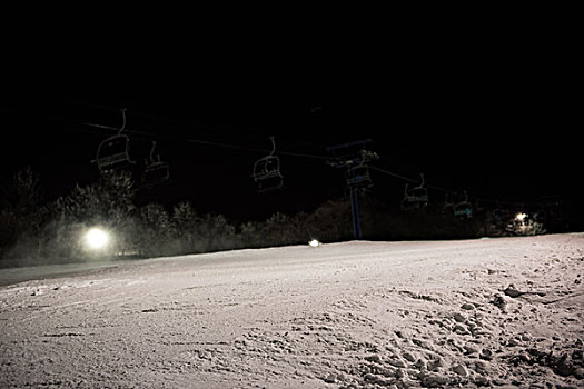 滑雪缆车,上方,雪景,夜晚,空