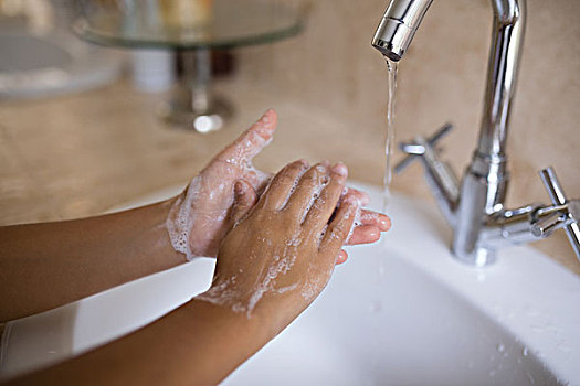 手,女孩,洗手,浴室水池,局部