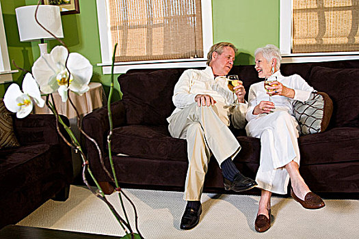 高兴,老年,夫妻,放松,沙发,葡萄酒杯