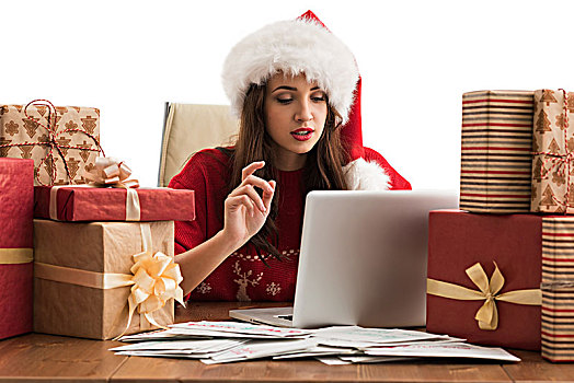 孩子,漂亮,女人,戴着,圣诞帽,包装,圣诞礼物,书桌,回应,信息,愿望,电子邮件