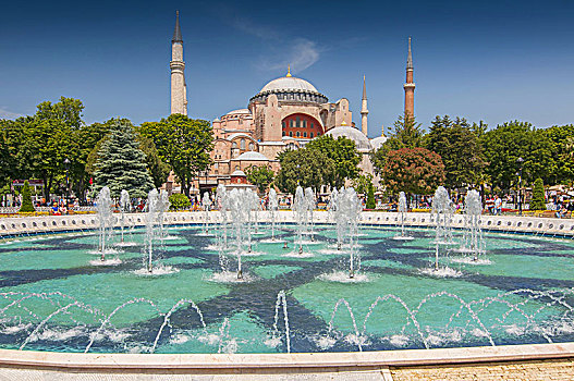 风景,喷泉,苏丹艾哈迈德清真寺,公园,圣索菲亚教堂,背景,伊斯坦布尔,土耳其