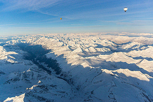 气球,乘,上方,雪,阿尔卑斯山,高度,正面,奥地利,欧洲