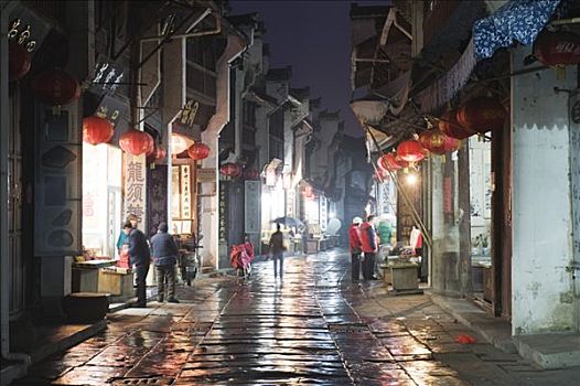 中国,安徽,雨,浸湿,街道,老城