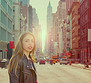 青少年,石头,女孩,纽约,街道,曼哈顿