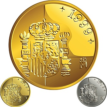 矢量,西班牙,钱,金色,银,硬币,一个,比塞塔