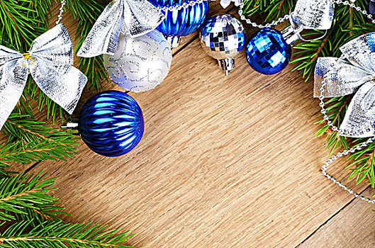 圣诞节,背景,蓝色,银球,木桌子
