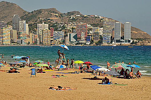 高层建筑,建筑,浴者,干盐湖,海滩,旅游,贝尼多姆,白色海岸,西班牙,欧洲