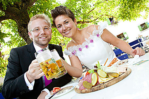 新婚夫妇,灯光,食物,花园,雷根斯堡,巴伐利亚,德国,欧洲