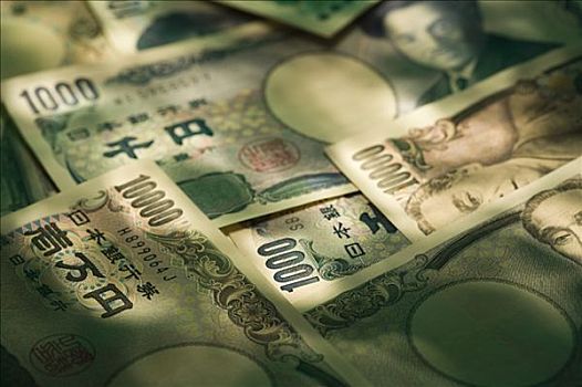 俯拍,日元,钞票