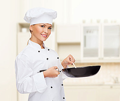 烹调,概念,微笑,女性,厨师,烹饪,做糕点,锅,勺子