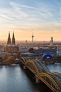 俯视图,霍亨索伦,铁路,桥,俯视,莱茵河,科隆大教堂,日落,北莱茵威斯特伐利亚,德国