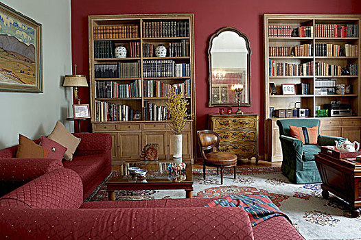 时髦,旧式,家具,客厅,微暗,粉色,墙壁