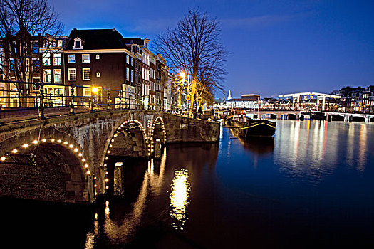 荷兰,阿姆斯特丹,17世纪,房子,河,背景,瘦桥