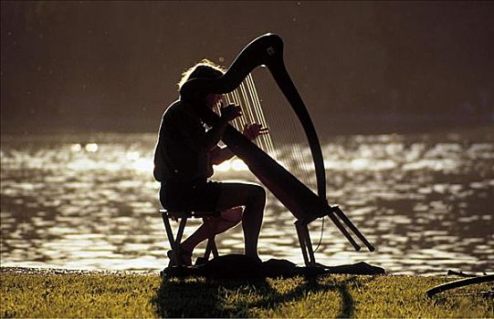 男人,音乐人,玩,竖琴,室外,靠近,河