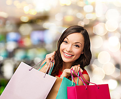 销售,礼物,圣诞节,概念,微笑,女人,红裙,购物袋