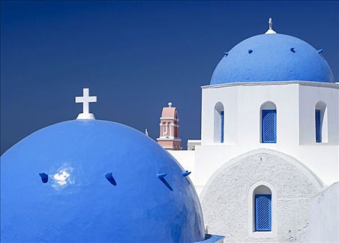 蓝色,圆顶,钟楼,教堂,圣特林,锡拉岛,基克拉迪群岛,希腊,欧洲