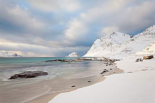湾,冬天,罗弗敦群岛,挪威,欧洲