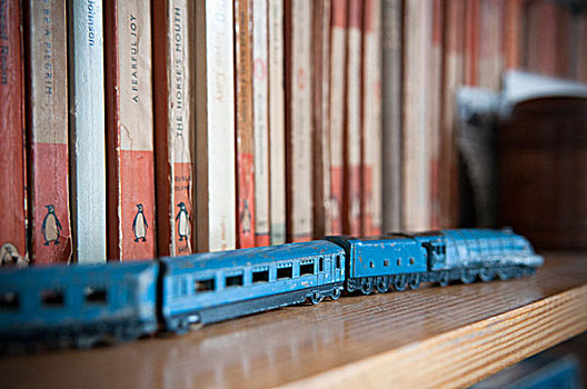 蓝色,列车,架子,企鹅,书本,书脊