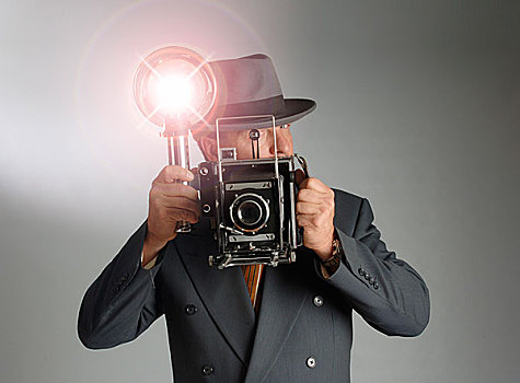 复古,40年代,戴着,费多拉帽,帽子,拿着,旧式,相机