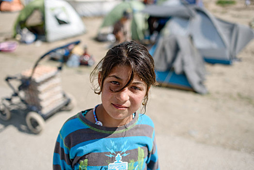 叙利亚人,女孩,难民,露营,希腊,边远地区,马其顿,四月