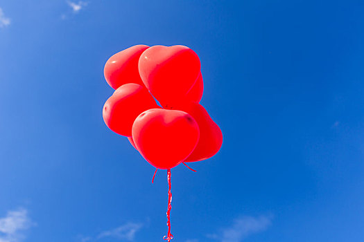 红色,心形,氦气,气球,飞,空中